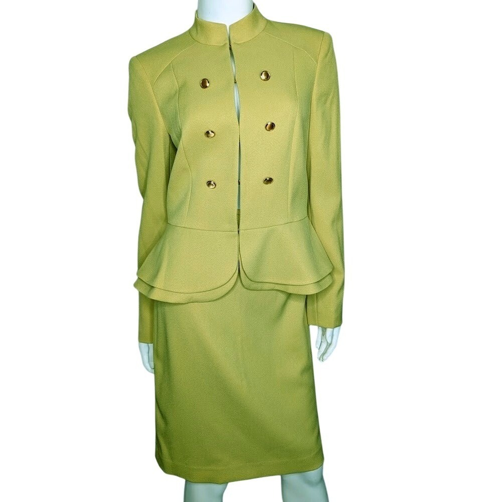 Tahari ASL Chartreuse Peplum Skirt Suit Women 6 Double Breast Office Mod Retro